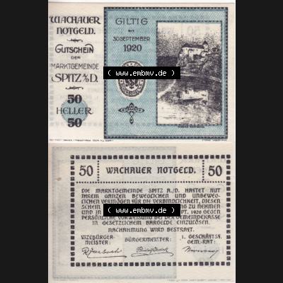 Notgeldscheine Niederösterreich Spitz Wachauer Notgeld 1920, I. 50 Heller. Vorderseite und Rückseite des Notgeldscheins auf einen Digitalen Bild zu katalogisieren der eigenen... Sammlung