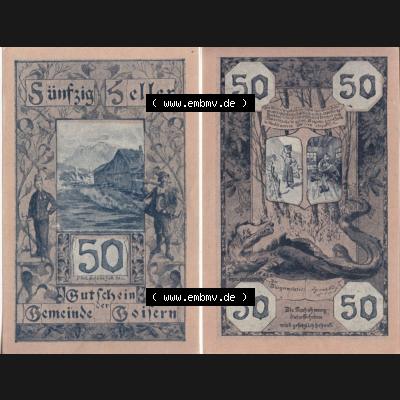 Notgeldscheine Oberösterreich Gemeinde Goisern 50 Heller. Vorderseite und Rückseite auf einen Digitalen Bild des oberösterreichischen Notgeldscheins im online Katalog für private... Sammlung