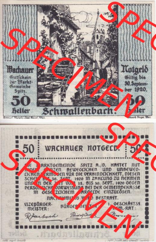 Notgeldscheine Niederösterreich Schwallenbach Wachauer Notgeld 1920, 50 Heller. Vorderseite und Rückseite des Notgeldscheins auf einen Digitalen Bild zu katalogisieren der eigenen... Sammlung