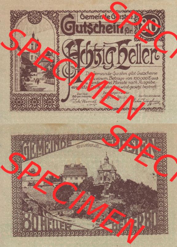 Notgeldscheine Oberösterreich Gemeinde Garsten 192x, 80 Heller. Vorderseite und Rückseite auf einen Digitalen Bild des oberösterreichischen Notgeldscheins im online Katalog... Sammlung