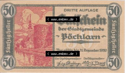 Notgeldscheine Niederösterreich Pöchlarn 1920, 50 Heller II. Vorderseite des Notgeldscheins im online Katalog auf EMBMV zum... Sammlung