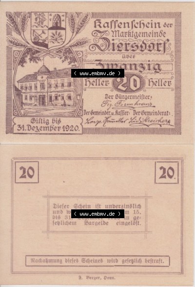 Notgeldscheine Niederösterreich Ziersdorf 1920, 20 Heller. Vorderseite und Rückseite des Notgeldscheins auf einen Digitalen... Sammlung