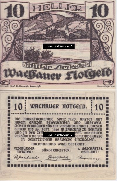 Notgeldscheine Niederösterreich Mitterarnsdorf Wachauer Notgeld 1920, 10 Heller Wachauer Notgeld. Vorderseite und Rückseite... Sammlung