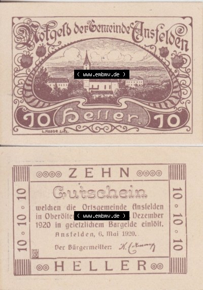 Notgeldscheine Oberösterreich Ansfelden Ortsgemeinde 1920, 10 Heller. Vorderseite und Rückseite auf einen Digitalen Bild des... Sammlung