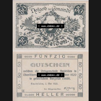 Notgeldscheine Oberösterreich Ansfelden Ortsgemeinde 1920, 50 Heller. Vorderseite und Rückseite auf einen Digitalen Bild des oberösterreichischen Notgeldscheins im online Katalog... Sammlung