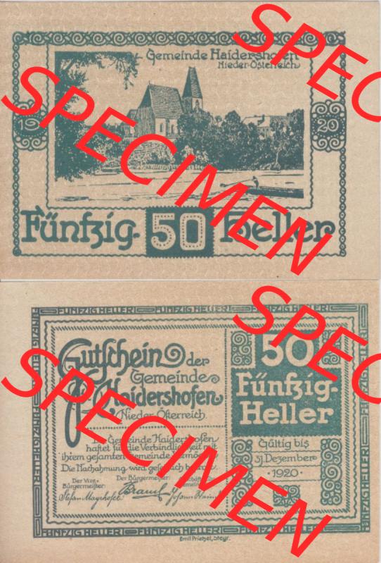 Notgeldscheine Niederösterreich Haidershofen 1920, 50 Heller. Vorderseite und Rückseite des Notgeldscheins auf einen Digitalen Bild zu katalogisieren der eigenen Notgeld-Sammlung... Sammlung