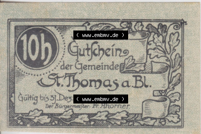 Notgeldscheine Oberösterreich St. Thomas am Blasenstein 10 Heller (1). Notgeld Oberösterreich St. Thomas am Blasenstein, Notgeldscheine... Sammlung
