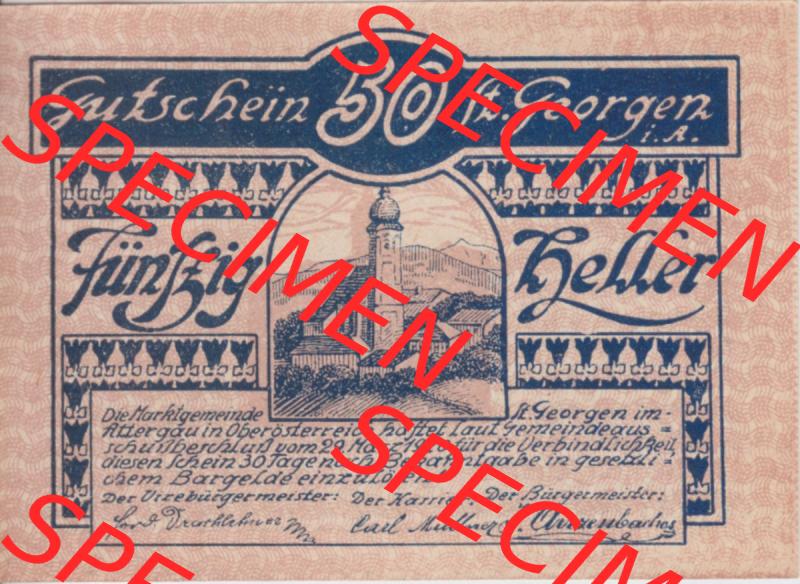 Notgeldscheine Oberösterreich St. Georgen 1920, 50 Heller III. (1). Notgeld Oberösterreich St. Georgen, Notgeldscheine aus Oberösterreich... Sammlung
