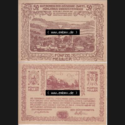 Notgeldscheine Oberösterreich Zwettl Mühlkreis, Gemeinde 1920-1921, 50 Heller braun (3). Notgeld Oberösterreich Gemeinde Zwettl Mühlkreis, Notgeldscheine... Sammlung