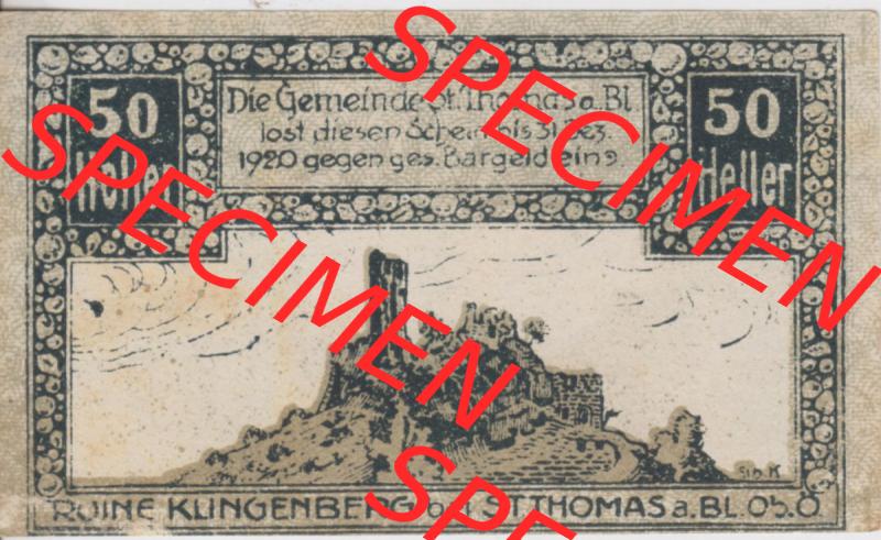 Notgeldscheine Oberösterreich St. Thomas am Blasenstein 50 Heller (1). Notgeld Oberösterreich St. Thomas am Blasenstein, Notgeldscheine aus Oberösterreich... Sammlung