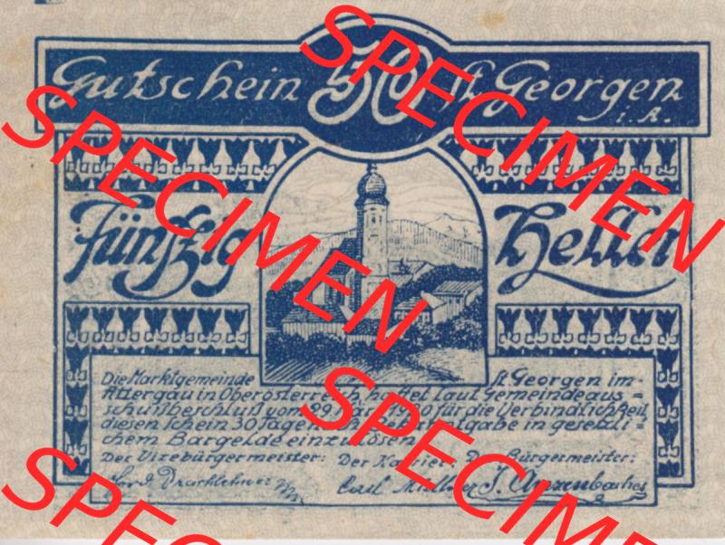 Notgeldscheine Oberösterreich St. Georgen 1920, 50 Heller I. (1). Notgeld Oberösterreich St. Georgen, Notgeldscheine aus Oberösterreich... Sammlung