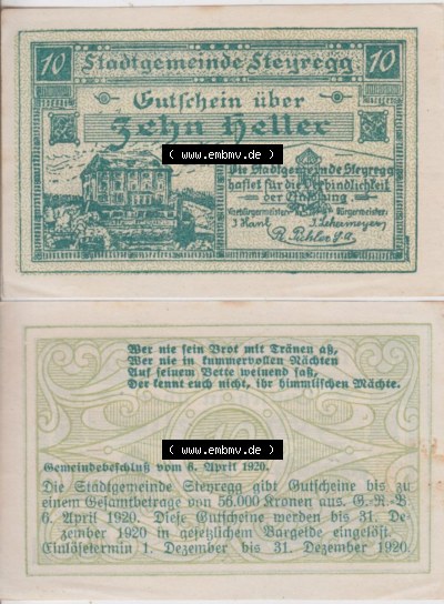 Notgeldscheine Oberösterreich Steyregg 10 Heller (3). Notgeld Oberösterreich Steyregg, Notgeldscheine aus Oberösterreich im... Sammlung
