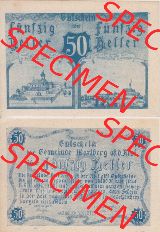 Notgeldscheine Oberösterreich Wartberg ob der Aist 1920-1920, 50 Heller blau (3). Notgeld Oberösterreich Gutschein der Gemeinde Wartberg ob der Aist, Notgeldscheine... Sammlung