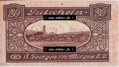 Notgeldscheine Oberösterreich St. Georgen 1920, 20 Heller I. (2). Notgeld Oberösterreich St. Georgen, Notgeldscheine aus Oberösterreich... Sammlung