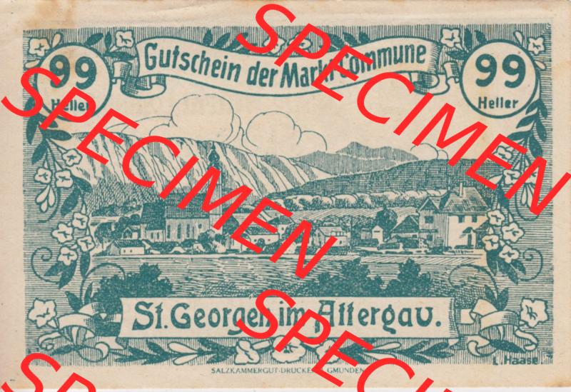 Notgeldscheine Oberösterreich St. Georgen 1920, 99 Heller I. (1). Notgeld Oberösterreich St. Georgen, Notgeldscheine aus Oberösterreich... Sammlung