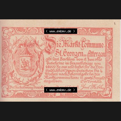 Notgeldscheine Oberösterreich St. Georgen 1920, 10 Heller II. (2). Notgeld Oberösterreich St. Georgen, Notgeldscheine aus Oberösterreich... Sammlung