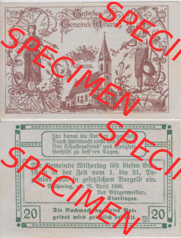 Notgeldscheine Oberösterreich Wilhering, Gemeinde 1920, 20 Heller (3). Notgeld Oberösterreich Wilhering, Gemeinde, Notgeldscheine aus Oberösterreich... Sammlung