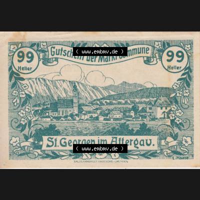 Notgeldscheine Oberösterreich St. Georgen 1920, 99 Heller I. (1). Notgeld Oberösterreich St. Georgen, Notgeldscheine aus Oberösterreich... Sammlung