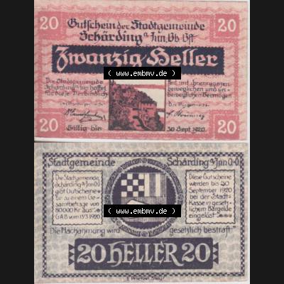 Notgeldscheine Oberösterreich Schärding 1920, 20 Heller (3). [Notgeld Oberösterreich Schärding, Notgeldscheine aus Oberösterreich im online... Sammlung