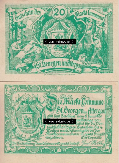 Notgeldscheine Oberösterreich St. Georgen 1920, 20 Heller II. (3). Notgeld Oberösterreich St. Georgen, Notgeldscheine aus Oberösterreich... Sammlung