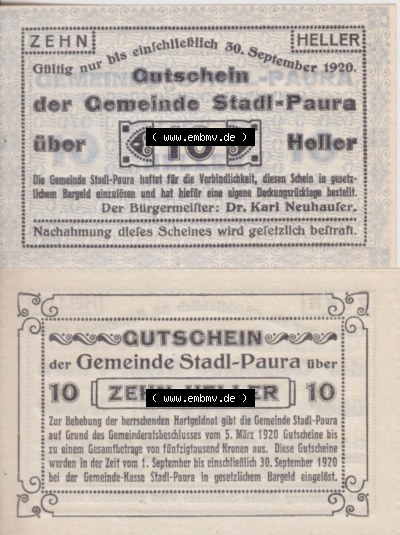 Notgeldscheine Oberösterreich Stadl-Paura 1920, I 10 Heller (3). Notgeld Oberösterreich Stadl-Paura, Notgeldscheine aus Oberösterreich... Sammlung