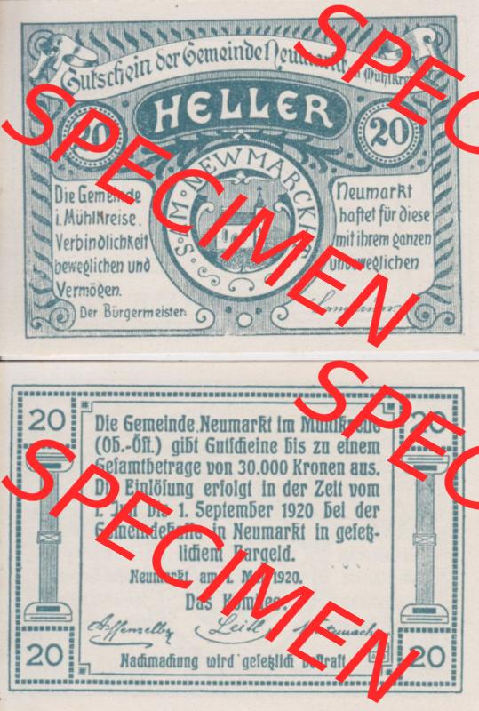 Notgeldscheine Oberösterreich Neumarkt im Mühlkreis 1920, 20 Heller (3). Notgeld Oberösterreich Neumarkt im Mühlkreis, Notgeldscheine aus Oberösterreich... Sammlung
