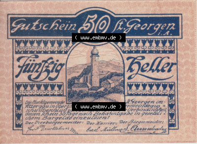 Notgeldscheine Oberösterreich St. Georgen 1920, 50 Heller III. (1). Notgeld Oberösterreich St. Georgen, Notgeldscheine aus Oberösterreich... Sammlung
