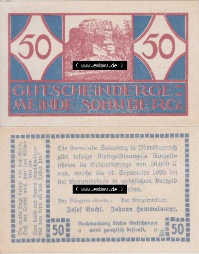 Notgeldscheine Oberösterreich Sonnberg 1920, 50 Heller (3). Notgeld Oberösterreich Sonnberg, Notgeldscheine aus Oberösterreich... Sammlung
