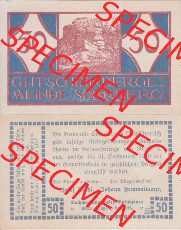 Notgeldscheine Oberösterreich Sonnberg 1920, 50 Heller (3). Notgeld Oberösterreich Sonnberg, Notgeldscheine aus Oberösterreich im online Katalog für private... Sammlung