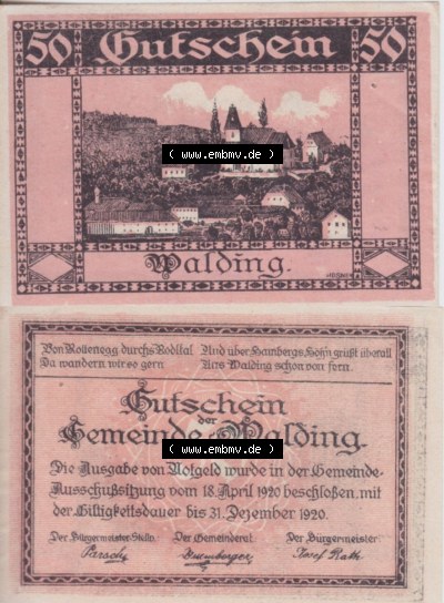 Notgeldscheine Oberösterreich Walding 1920, 50 Heller (3). Notgeld Oberösterreich Gemeinde Walding, Notgeldscheine aus Oberösterreich... Sammlung