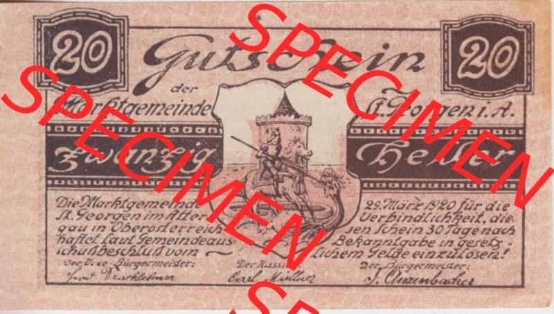 Notgeldscheine Oberösterreich St. Georgen 1920, 20 Heller I. (1). Notgeld Oberösterreich St. Georgen, Notgeldscheine aus Oberösterreich... Sammlung