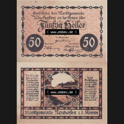 Notgeldscheine Oberösterreich Neuhofen an der Krems 1920, 50 Heller (3). Notgeld Oberösterreich Neuhofen an der Krems, Notgeldscheine aus Oberösterreich im online... Sammlung