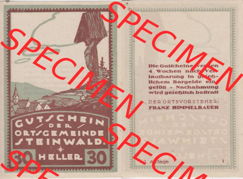 Notgeldscheine Oberösterreich Steinwald 192x, Auflage 1. I 30 Heller (3). Notgeld Oberösterreich Steinwald, Notgeldscheine aus Oberösterreich im online... Sammlung