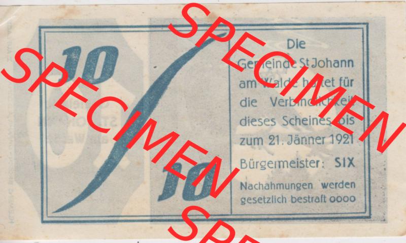 Notgeldscheine Oberösterreich St. Johann am Walde 1921, 10 Heller (2). Notgeld Oberösterreich St. Johann am Walde, Notgeldscheine aus Oberösterreich... Sammlung