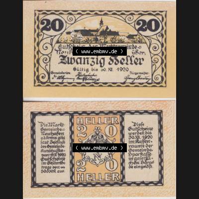 Notgeldscheine Oberösterreich Neuhofen an der Krems 1920, 20 Heller (3). Notgeld Oberösterreich Neuhofen an der Krems, Notgeldscheine aus Oberösterreich im online... Sammlung