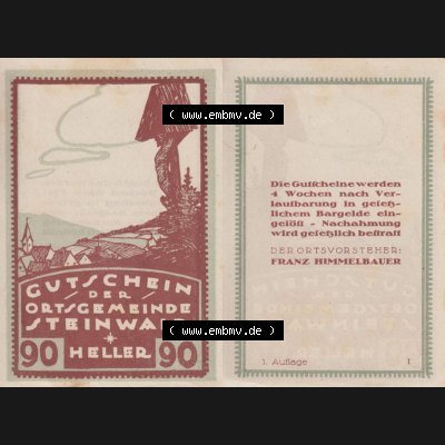 Notgeldscheine Oberösterreich Steinwald 192x, Auflage 1. I 90 Heller (3). Notgeld Oberösterreich Steinwald, Notgeldscheine aus Oberösterreich im online... Sammlung