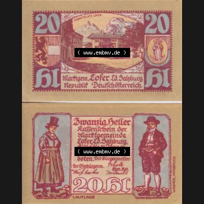 Notgeldscheine Salzburg Lofer, Kassenschein 1921 I, 20 Heller 1. Auflage (3). Notgeld Salzburg Marktgemeinde Lofer, Kassenscheine, Notgeldscheine aus Salzburg... Sammlung
