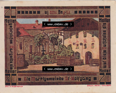 Notgeldscheine Oberösterreich St. Wolfgang im Salzkammergut 1920, 20 Heller (2). Notgeld Oberösterreich St. Wolfgang im Salzkammergut,... Sammlung