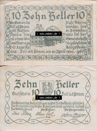 Notgeldscheine Oberösterreich Zell an der Pram, Gemeinde 1920, 10 Heller (3). Notgeld Oberösterreich Gemeinde Zell an der Pram,... Sammlung