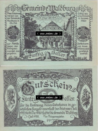 Notgeldscheine Oberösterreich Waldburg, Gemeinde 1920, 50 Heller (3). Notgeld Oberösterreich Gemeinde Waldburg, Notgeldscheine... Sammlung