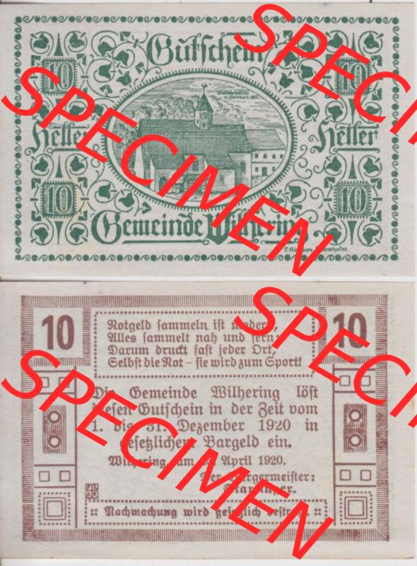 Notgeldscheine Oberösterreich Wilhering, Gemeinde 1920, 10 Heller (3). Notgeld Oberösterreich Wilhering, Gemeinde, Notgeldscheine aus Oberösterreich... Sammlung