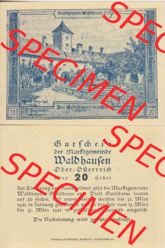 Notgeldscheine Oberösterreich Waldhausen, Marktgemeinde 1921, 20 Heller (3). Notgeld als Gutschein der Oberösterreich Marktgemeinde Waldhausen, Notgeldscheine... Sammlung