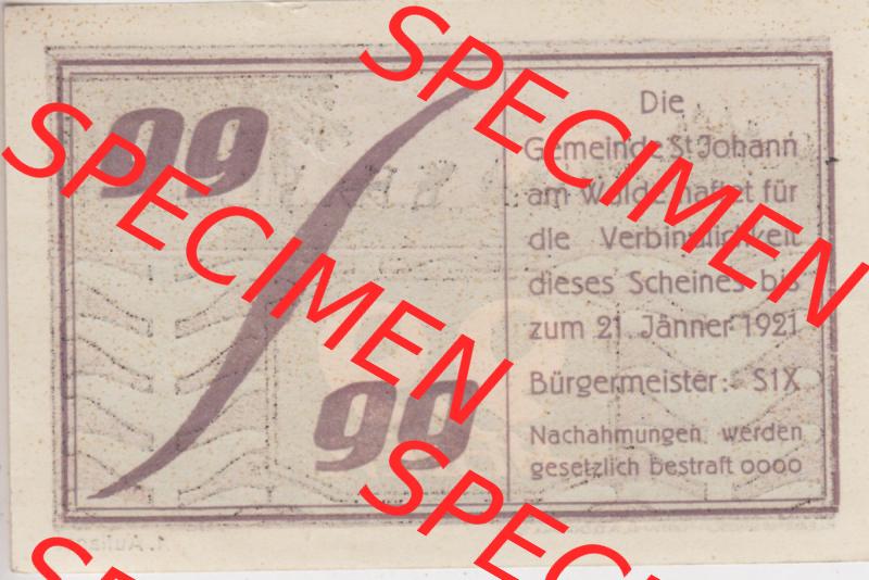 Notgeldscheine Oberösterreich St. Johann am Walde 1921, 99 Heller (2). Notgeld Oberösterreich St. Johann am Walde, Notgeldscheine aus Oberösterreich... Sammlung