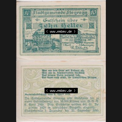 Notgeldscheine Oberösterreich Steyregg 10 Heller (3). Notgeld Oberösterreich Steyregg, Notgeldscheine aus Oberösterreich im online Katalog für private Sammler,... Sammlung