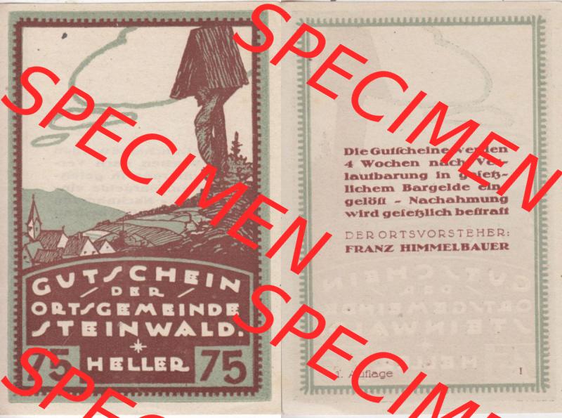 Notgeldscheine Oberösterreich Steinwald 192x, Auflage 1. I 75 Heller (3). Notgeld Oberösterreich Steinwald, Notgeldscheine aus Oberösterreich im online... Sammlung