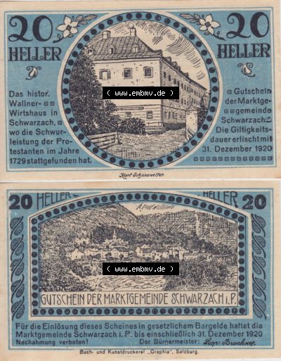 Notgeldscheine Salzburg Schwarzach im Pongau Gutschein 1920, 20 Heller (3). Notgeld Salzburg Marktgemeinde Schwarzach im Pongau,... Sammlung
