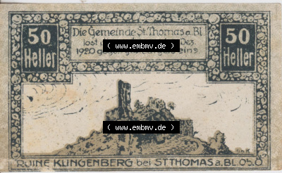 Notgeldscheine Oberösterreich St. Thomas am Blasenstein 50 Heller (1). Notgeld Oberösterreich St. Thomas am Blasenstein, Notgeldscheine... Sammlung