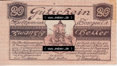 Notgeldscheine Oberösterreich St. Georgen 1920, 20 Heller I. (1). Notgeld Oberösterreich St. Georgen, Notgeldscheine aus Oberösterreich... Sammlung