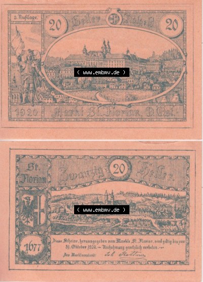 Notgeldscheine Oberösterreich St. Florian 1920, 3. Auflage 20 Heller (3). Notgeld Oberösterreich St. Florian, Notgeldscheine... Sammlung