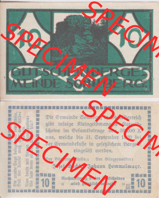 Notgeldscheine Oberösterreich Sonnberg 1920, 10 Heller (3). Notgeld Oberösterreich Sonnberg, Notgeldscheine aus Oberösterreich im online Katalog für private... Sammlung